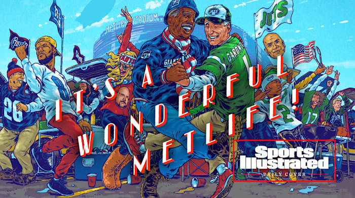 Illustration of Giants and Jets fans celebrating